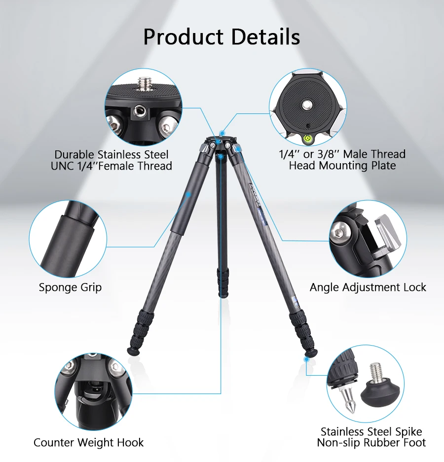 CT284C Professional Carbon Fiber Tripod Travel Camera Stand with Stone Bag for D