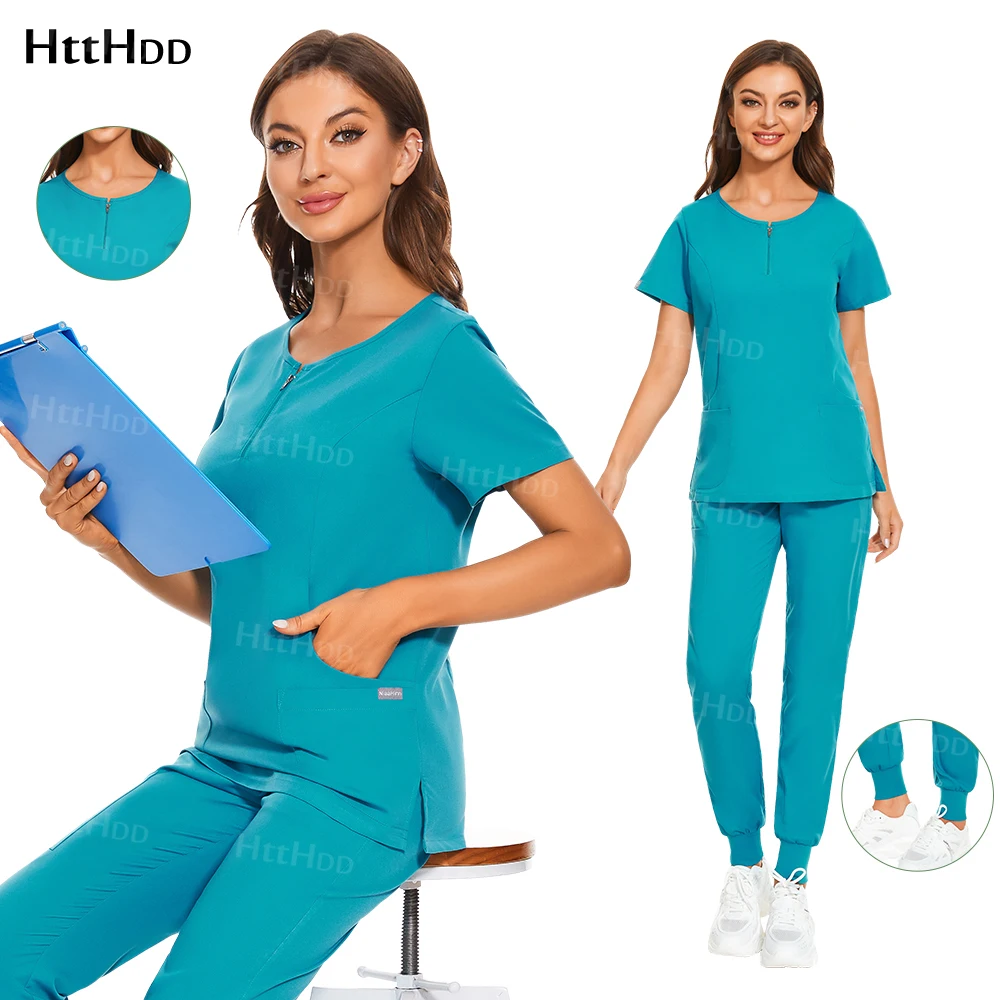 

Clinical Uniform Woman Solid Color Soft Nursing Scrubs Medical Uniforms Surgical Gowns Fashionable Zippered Neckline Shirt Pants