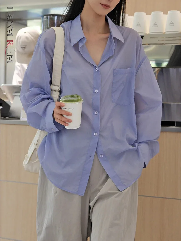 

[LANMREM] Nylon Sunscreen Shirts For Women Lapel Single Breasted Office Lady Loose Blouses Fashion Tops 2024 Summer New 26D9060