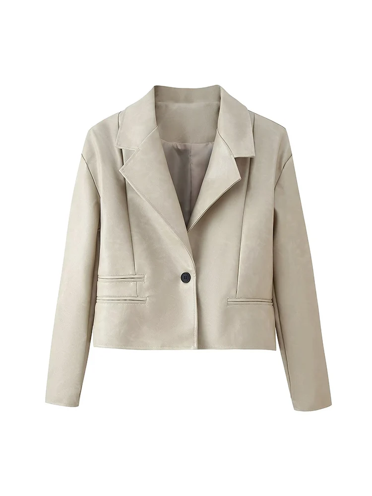 New Women PU Leather Jacket Autumn Spring Fashion Long Sleeve Lapel Collar Button Up Cropped Coats Slim Fit Streetwear Blazer