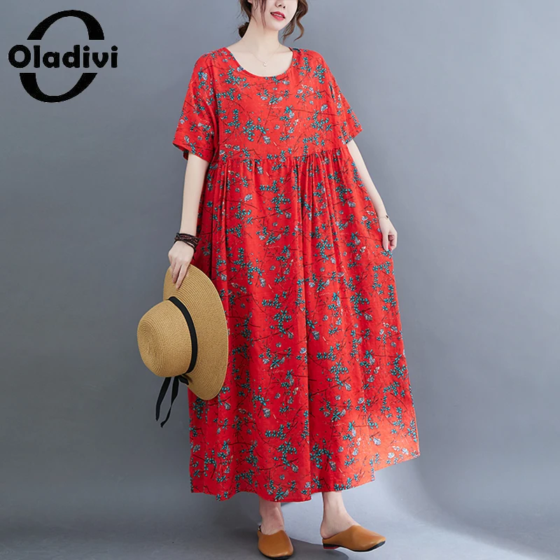 

Oladivi Big Long Dress for Women Fashion Print Oversized Clothing 2023 Summer New Casual Loose Boho Dresses Large Size 9070 8XL