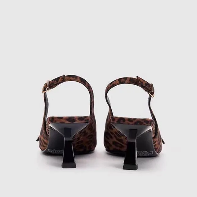 Women Slingback Sandals Leopard High Heels Ladies Pointed Toe Slingback Sandals Summer Plus Size Women Comfort Low Heel Office Pumps Elegant Dress Shoes
