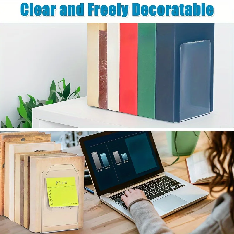 4Pcs Clear Acrylic Bookends L-shaped Desk Organizer Desktop Book Holder School Stationery Office Accessories 3