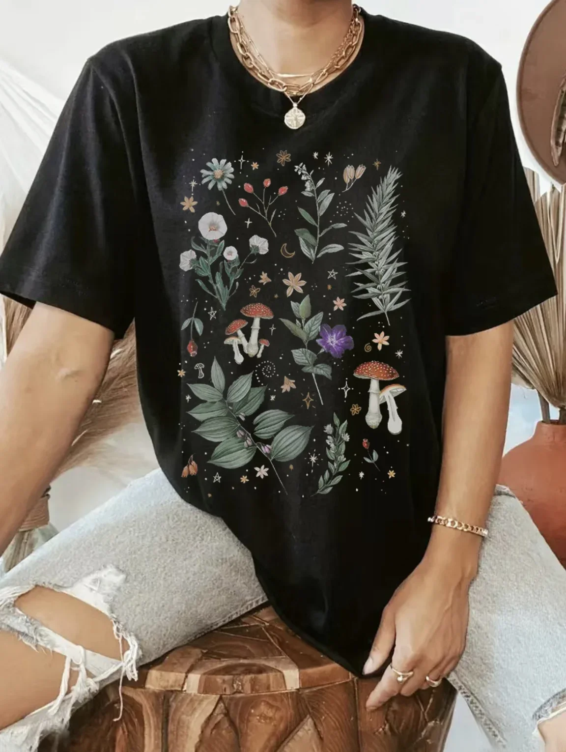 

Women's Fashion Cute Mushroom 90s Women's Printed Top Fashion T-Shirt Short Sleeved Clothing Pattern Women's Clothing T-Shirt.