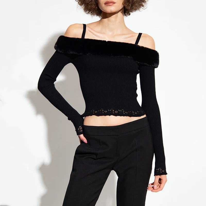 

Artificial wool strapless halter Women's sweater fall and winter y2k sexy chic one-shoulder Slim knitted long-sleeved Sweater