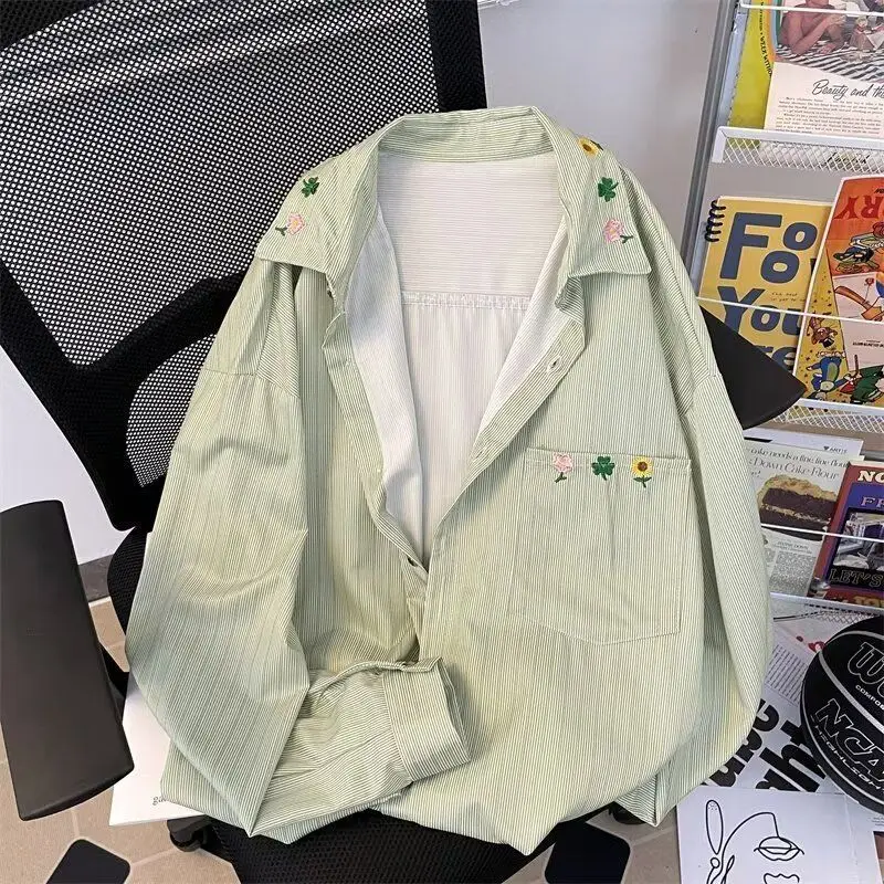 DAYIFUN Long Sleeve Striped Shirts Women's Floral Embroidery Design Patchwork Blouses Spring Autumn American Lapel Loose Blusas