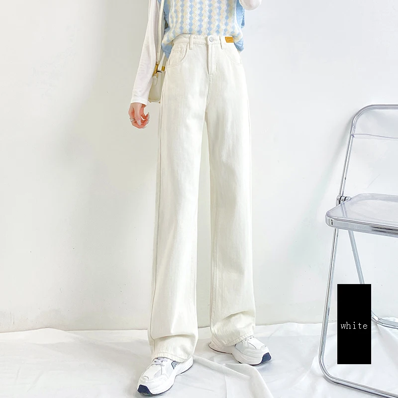 

High Waisted Jeans for Woman 2022 Wide Leg Pants Denim Blue White Vintage Streetwear Straight Mom Jeans Full Length