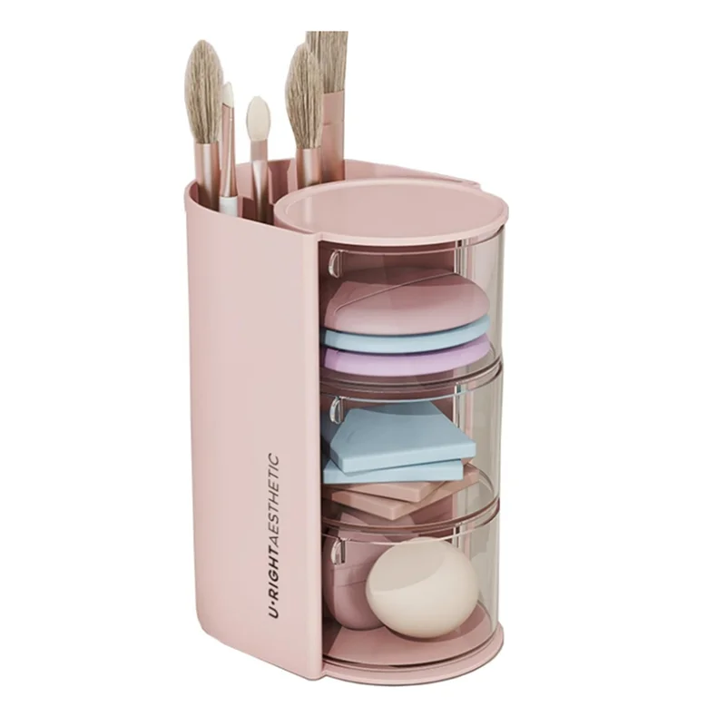 Makeup Brush Holder Makeup Brush Organizer With 2 Slot, 3-Layer Rotating Cosmetic Organizer, Desktop Makeup Box Durable , Pink 5