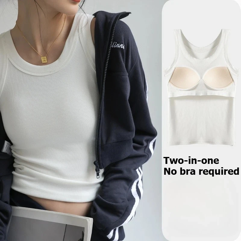 Geripptes Tanktop für Damen mit integrierten BH-Pads, kabellos, bequem, für den Alltag, lässige Loungewear, leichtes Sport-Top, ärmellos, Basic-Cami-Top