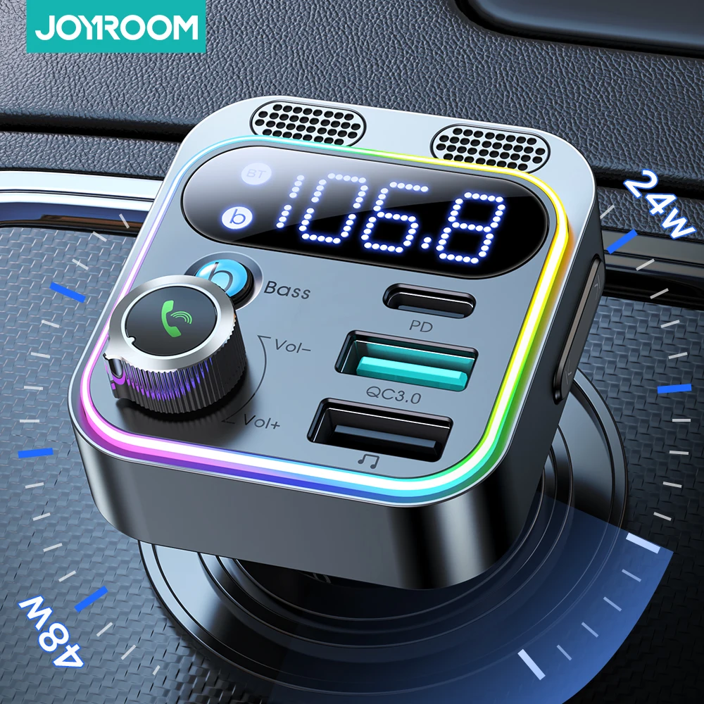 

FM-передатчик Joyroom Bluetooth 5,3 для автомобиля, [более мощный двойной микрофон, глубокий бас, Звук], 48 Вт PD и QC3.0 автомобильное зарядное устройство, Bluetooth-адаптер