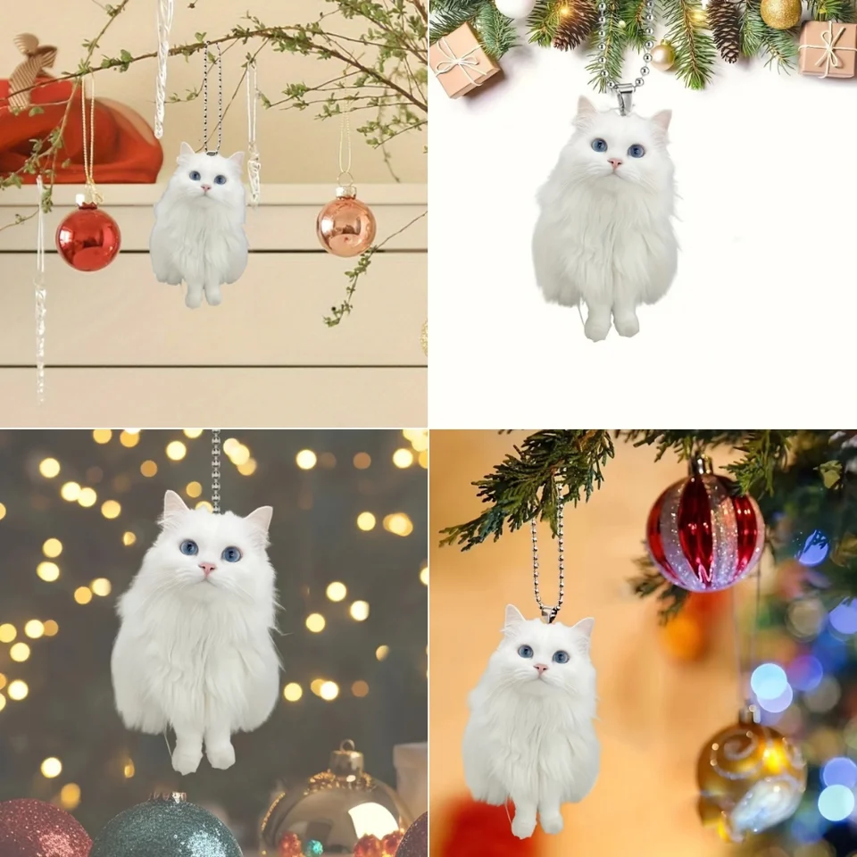 Kat Kerst Ornamenten, Leuke Kitten Hanger Kerstversiering, 2D Acryl Kat Kerstboom Opknoping Decoratie, Auto Achteruitkijkspiegel Kerst Kat Charm Ornament, Kerst Kat Hanger Gunsten