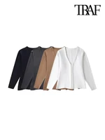 TRAF-Women's Front Hook Fitted Knit Cardigan Sweater, V Neck, Long Sleeves, Side Split Hem, Female Outerwear, Chic Tops, Fashion 1