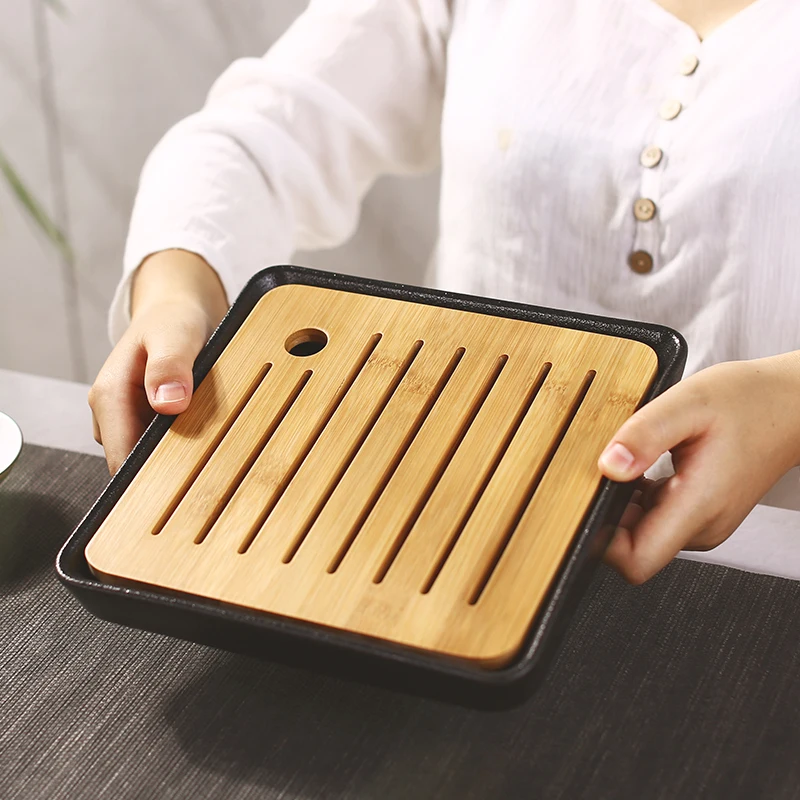 

Bamboo Flat Square Ceramic Tea Table Serving Tray 21*21cm Ceramics Bamboo Tea Tray Drainage Water Storage Kung Fu Tea Set