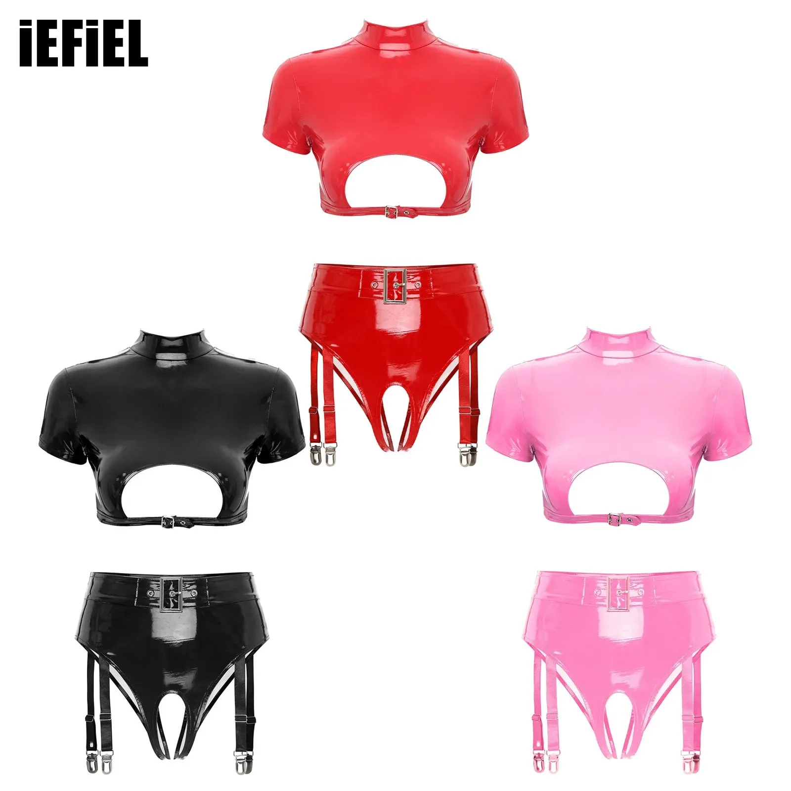 

Womens Lingerie Set Wet Look Patent Leather Short Sleeve Mock Neck Cutout Zipper Crop Top with Open Crotch Garter Underwear