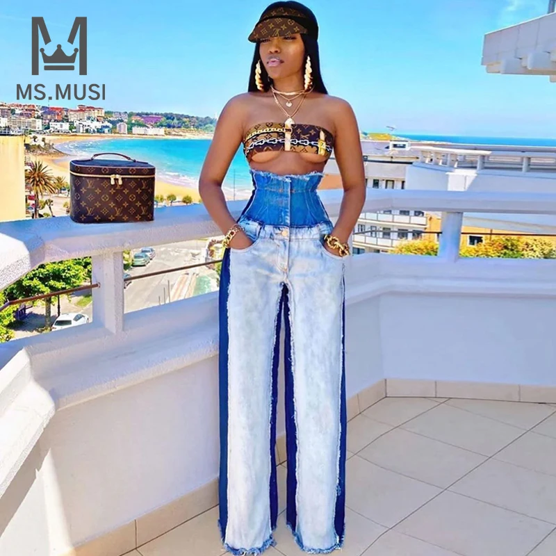 

Новинка 2023, модные женские пикантные Брюки-клеш MSMUSI с высокой талией, с карманами, в стиле пэчворк, женские облегающие длинные брюки из джинсовой ткани