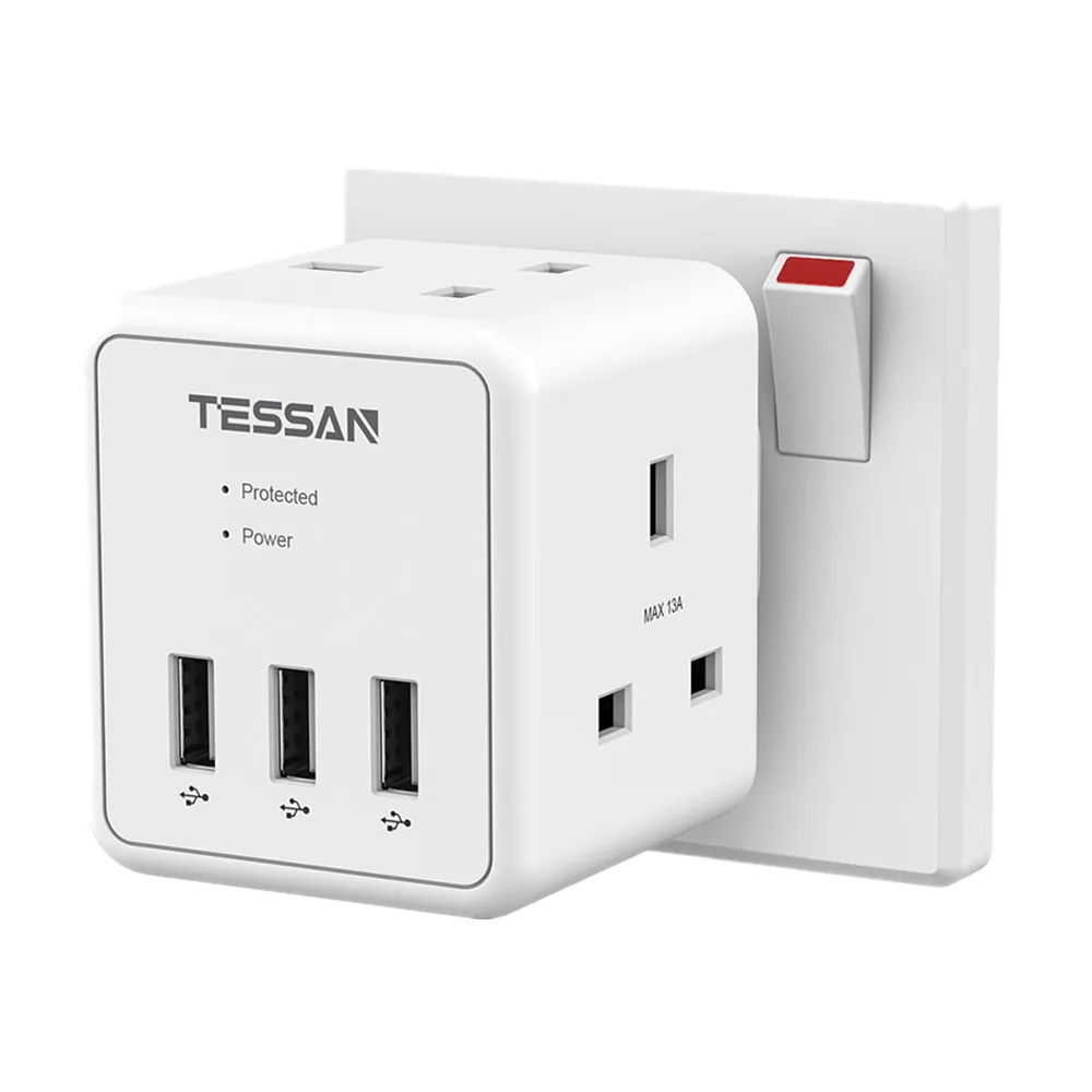 

TESSAN UK Plug Adapter Surge Protector with 2 Way Outlets & 3 USB Charging Ports, Cube Multi Plug Extension Wall Socket for Home