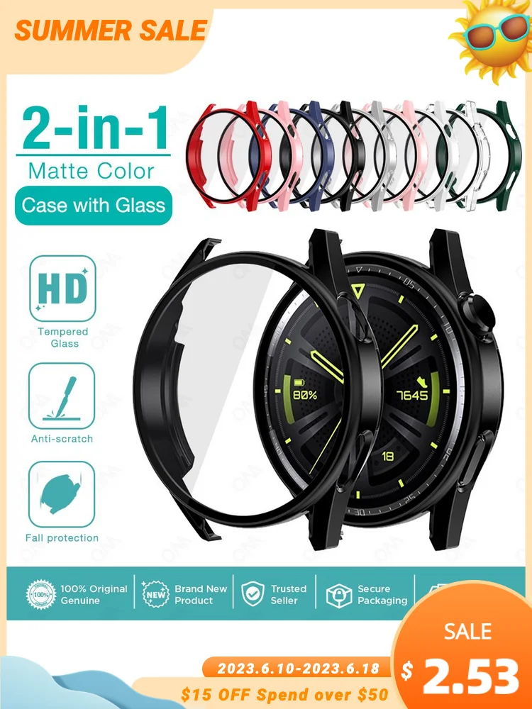 Matte Protective Case + Tempered Glass For Huawei Watch GT3 GT 3 42mm 46mm Anti-scratch Screen Protector Cover Smartwatch Shell_voghion.com