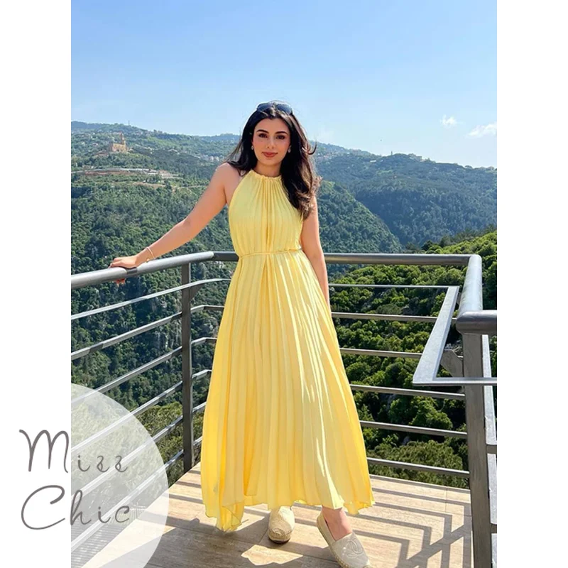 

Fashion O-necked Off Shoulder Sleeveless Dresses Chic Pleated Women's Lace Up Midi Dress 2023 Summer Lady Holiday Solid Vestidos