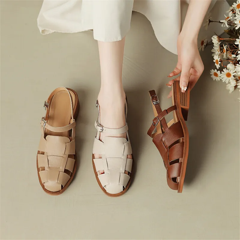 2023 Summer Sandals Cowhide Round Toe Women Sandals Chunky Heel Women Shoes Cover Toe Shoes for Women Hollow Out Roman Shoes