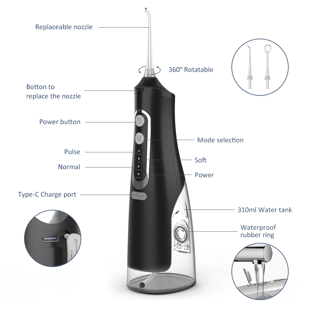  Irrigator USB   Flosser ޴ ġ  Ʈ 310ML  ũ  ġ Ŭ