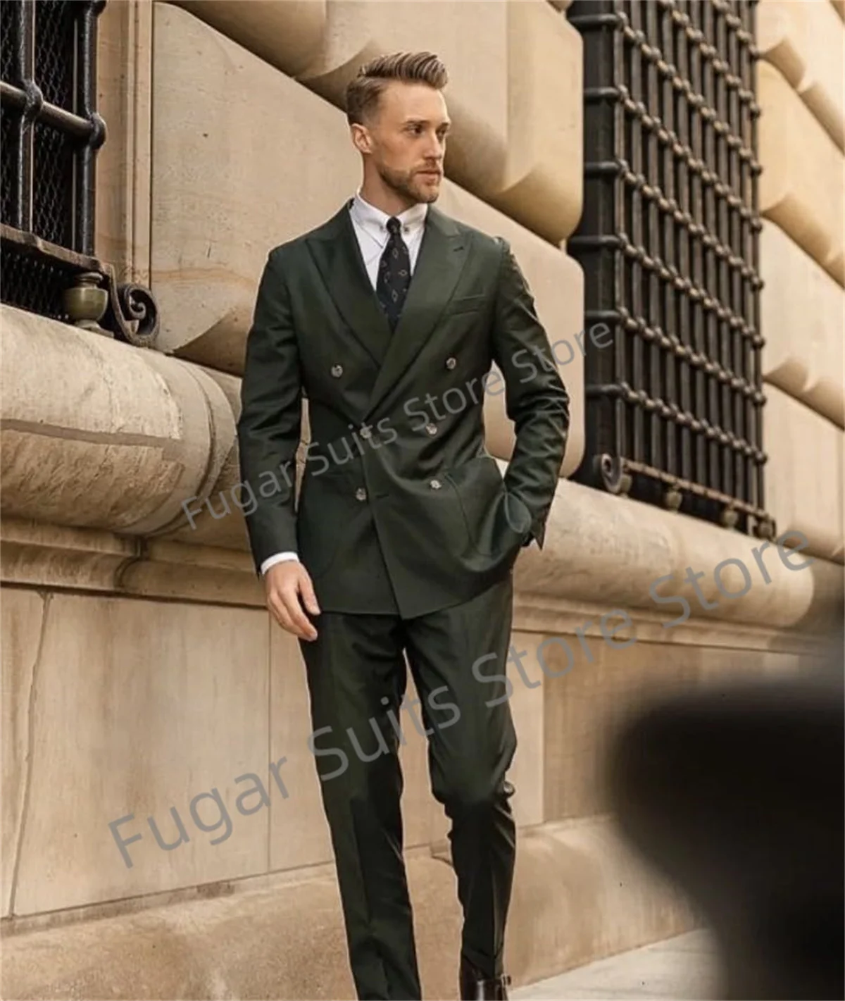 Tylish Green Suits For Men Double Breasted Slim Fit Custom 2 Piece(Jacket+Pants)Groomsmen Suit Formal Business Blazer Set