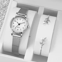 2PCS Fashion Arabic Dial Women Quartz Watch Steel Mesh Band Watches Opening Cuff Bracelet Bangle Set（Without Box） 1