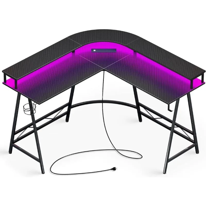 L Shaped Desk Gaming Desk with LED Lights & Power Outlets, Computer Desk with Monitor Shelves, Home Office Desk Corner Desk high resolution float shipping fish finder camera 7 screen underwater monitor system ip68 waterproof night lights adjustable