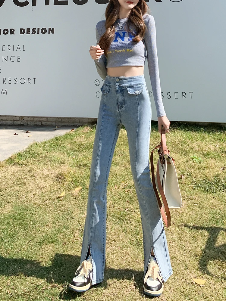 High Waist Double Breasted Jeans For Women Summer Split Flare Denim Pants Skinny Full Length Jean Trousers Female 0816 paige jeans