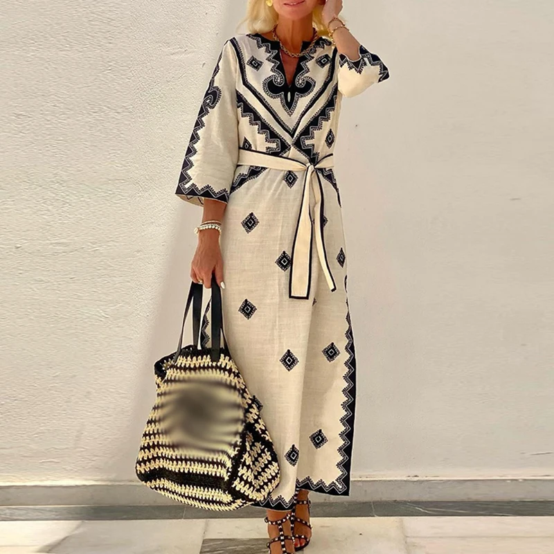 

Chic Casual Side Split Belt Party Dress Women Bohemian Graphic Vintage Dress Elegant 3/4 Sleeve V-neck Cotton Linen Long Dress