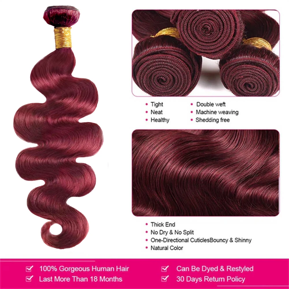 Body Wave 99J Burgundy Human Hair Bundles with Closure Frontal 13x4 Transparent Lace Frontal Brazilian Wine Hair Extenstion Remy