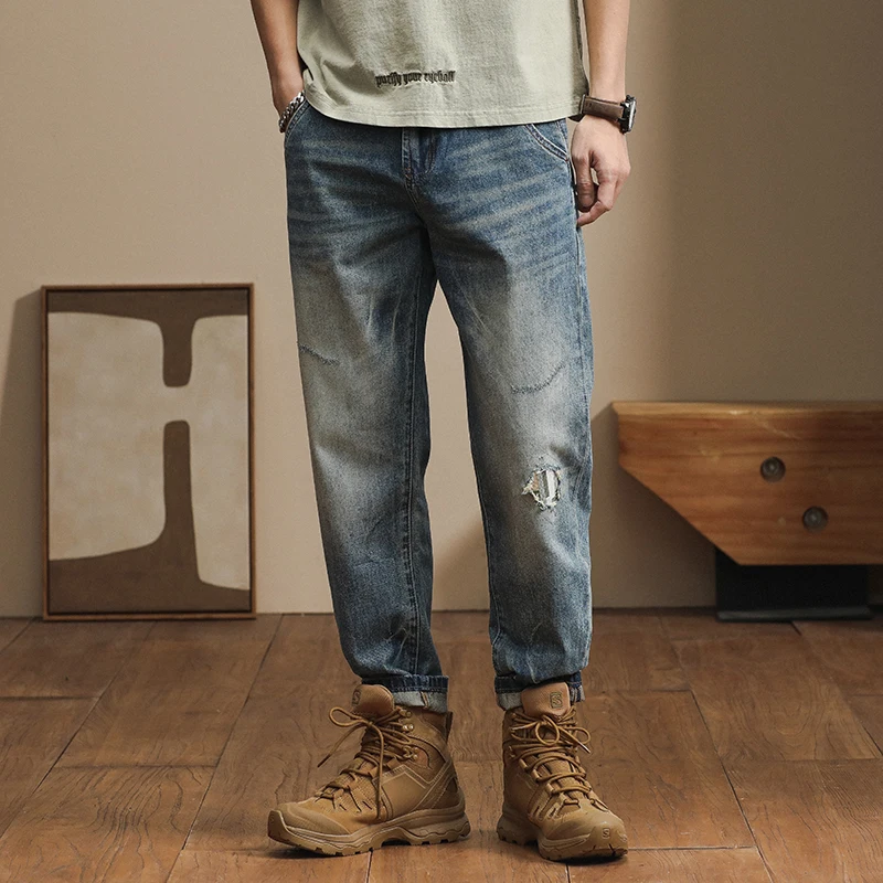 

2024 New European and American Loose Harem Pants Spring and Autumn Split Patch Ripped Casual Small Foot cargo Jeans for men