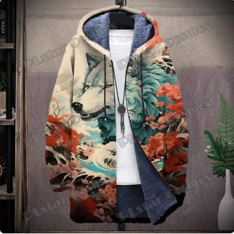 

Куртка мужская зимняя с капюшоном, модная Уличная Повседневная теплая куртка на молнии с 3D-принтом волка граффити в стиле Харадзюку