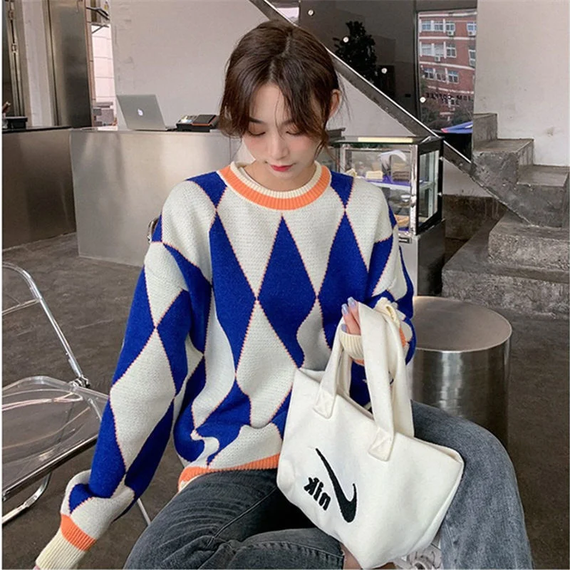

Vintage Color Matching Lingge Pullover Sweater Women Autumn Winter Korean Loose O-neck Long Sleeves Knitted Sweater Female