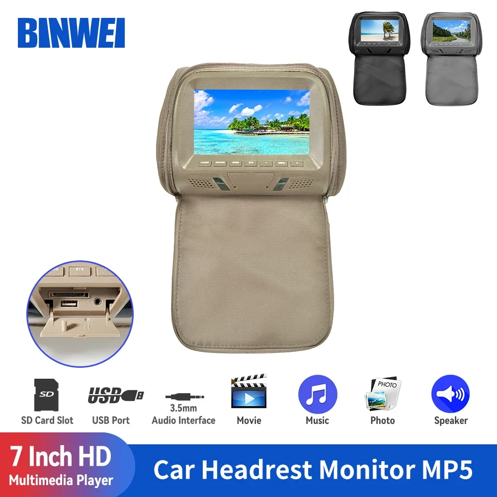 

BINWEI 7 Inch Car Headrest Monitor MP5 FM USB SD Speaker Automotive Multimedia Player Headrest Screen Pillow Monitor Universal