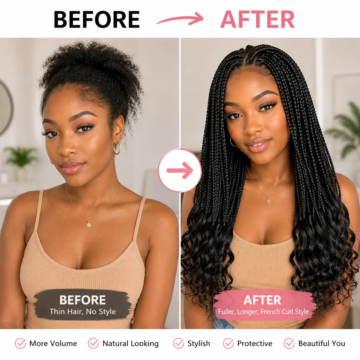 Boho French Curl Crochet Hair Extensions - Three Strand Goddess Braids with Curly Ends