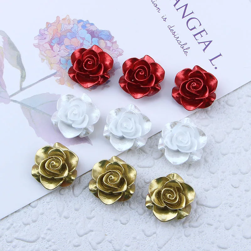 

New Resin Camellia Flower Cabochons Flatback 20pcs Red Gold Smooth Roses Resins Jewelry Accessories Flat Back Buttons for Phone