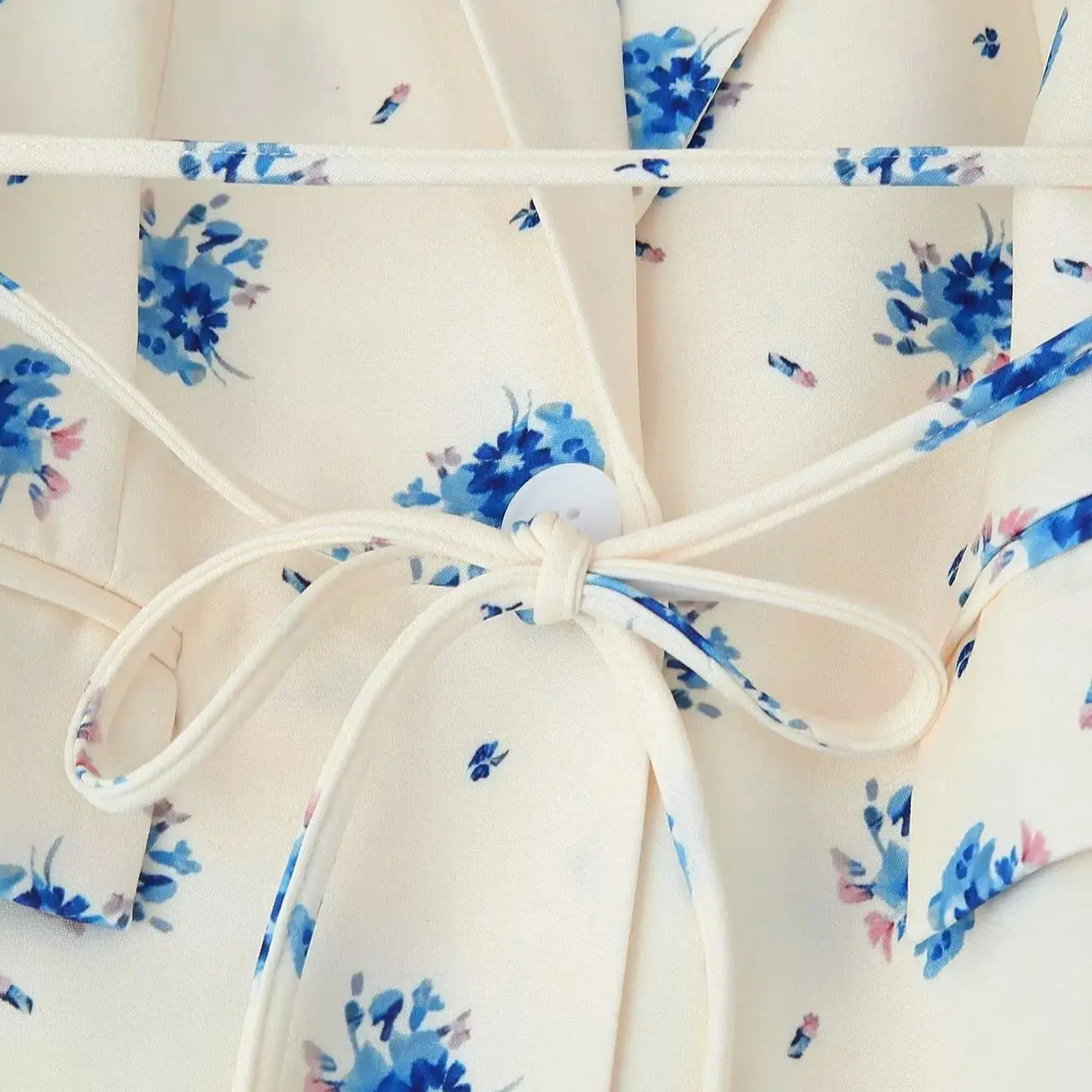 Floral Print Beige Blazer with Lace-Up Bow Belt and Front Pockets — photo 5
