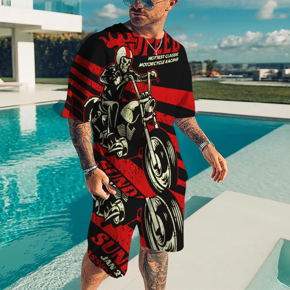 

Summer 3D Printing T-Shirt Men's Set Hip Hop Retro motorcycle skull patterns Fashion Street Loose Short Sleeve Shirt Hot Suit