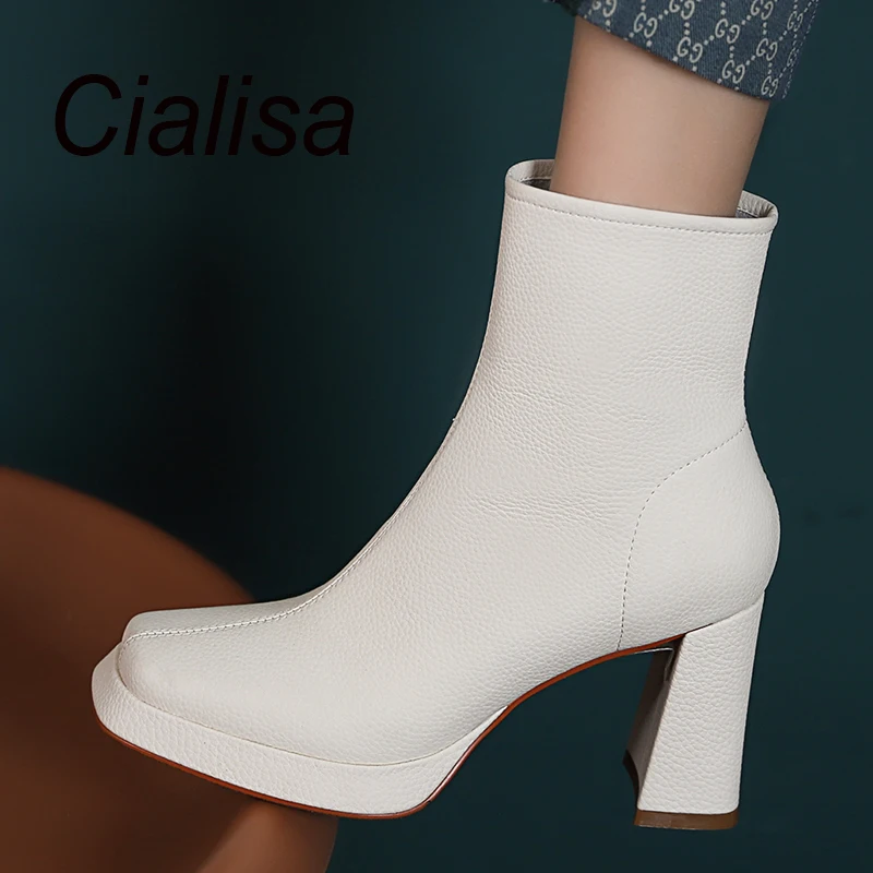 

Женские ботильоны из натуральной кожи Cialisa, черные короткие ботинки на толстой платформе и высоком массивном каблуке, Осень-зима 2022