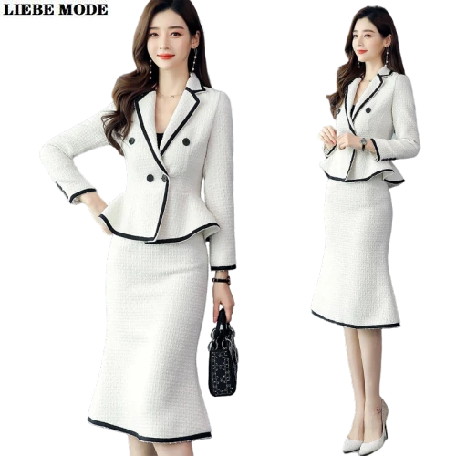 Women's Formal Tweed Skirt Suit for Women Skirt and Jacket Set 2 Piece Office Lady Clothes Winter Black White Blazer with Skirts suit set