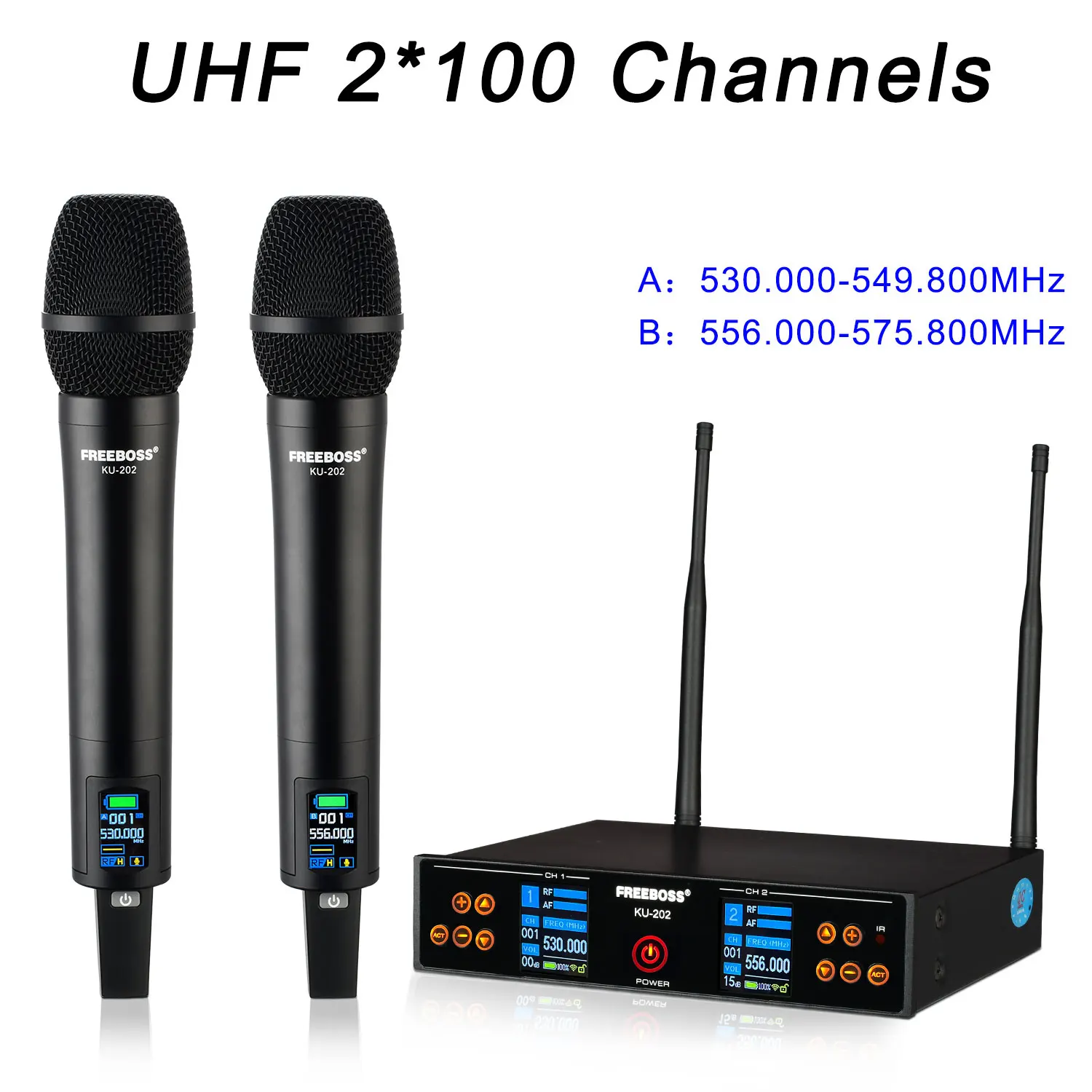 

FREEBOSS перезаряжаемый TFT беспроводной караоке-микрофон 2 ручных UHF 2*100 точки инфракрасная частота сканирование динамический микрофон