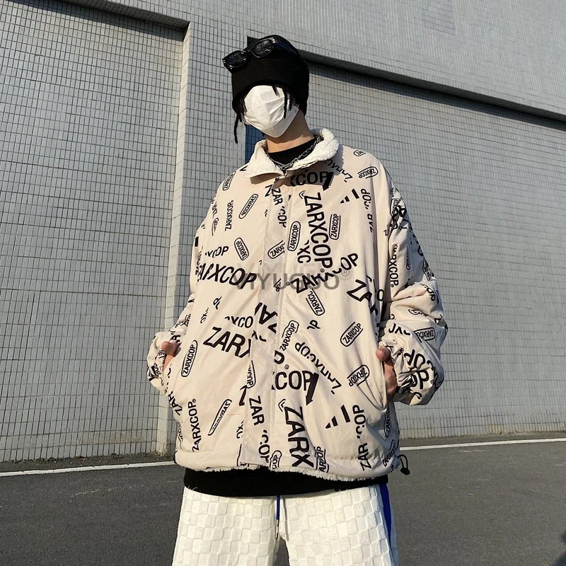 

Autumn Winter Two-sided Put on Lamb Wool Cotton Clothes Men Women Trendy Ins Thickened Korean Loose Printed Streetwear Jackets