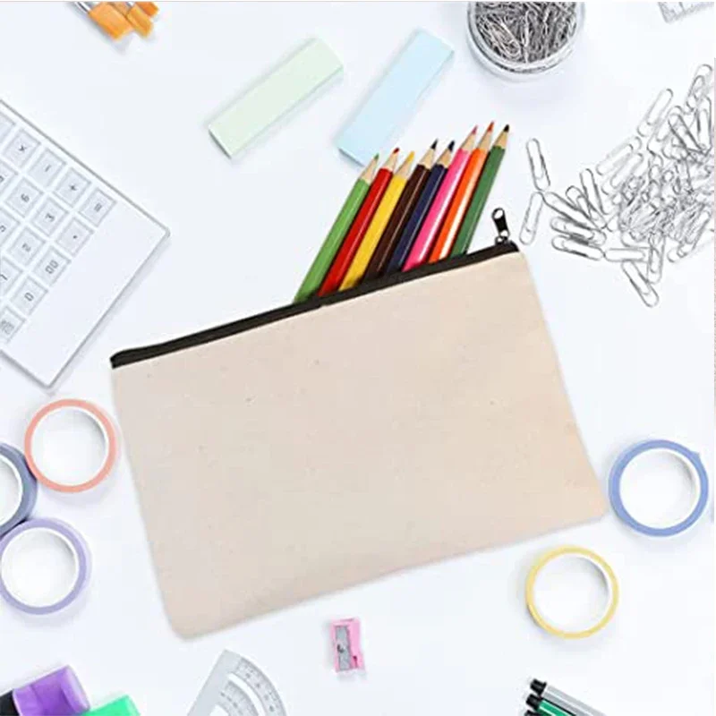 10pcs/set White Canvas Zipper Bags Large Coin Money Wallet Bags DIY Craft Pouches Multifunctional Students Pencil Stationery Bag