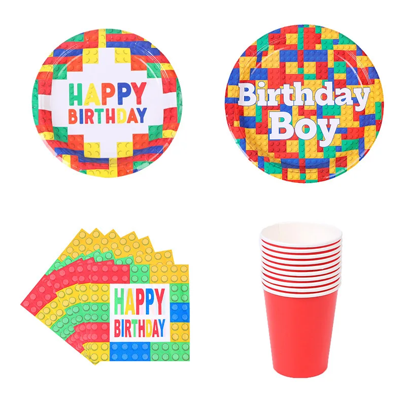 

Colorful Blocks Theme Birthday Party Tableware Four-piece Set Boys and Girls Holiday Birthday Party Disposable Dinner Plates