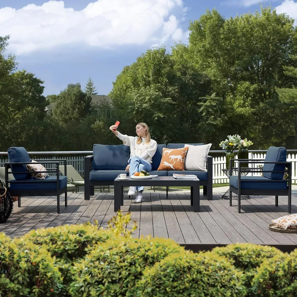 Aluminum Patio Furniture Set, 6 Piece Metal Outdoor Furniture Set with Waterproof Covers for Backyard Garden