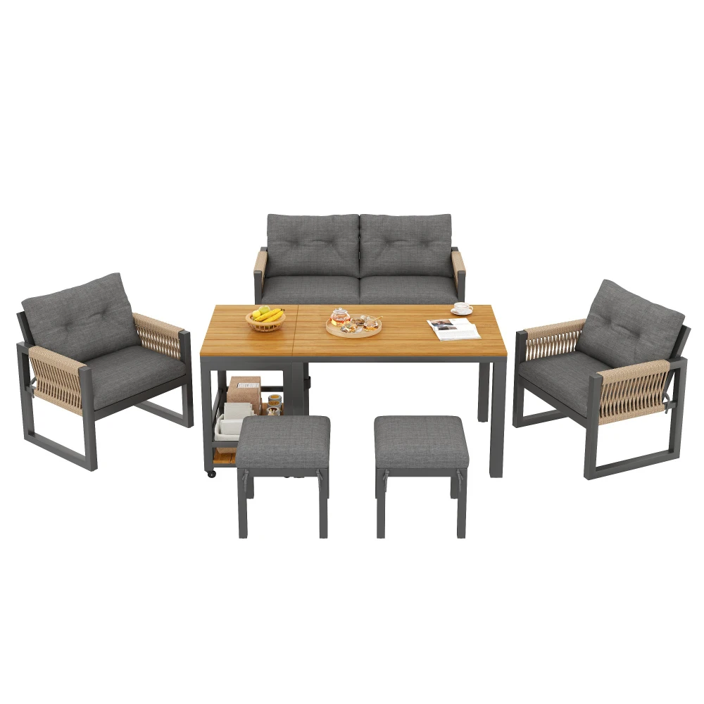 Modernes Outdoor-Mehrsitzer-Sofa-Set mit Eisenrahmen, Geflochtenen Armlehnen, Weichen Sitzkissen & Multifunktionalem Tisch – Detail 5