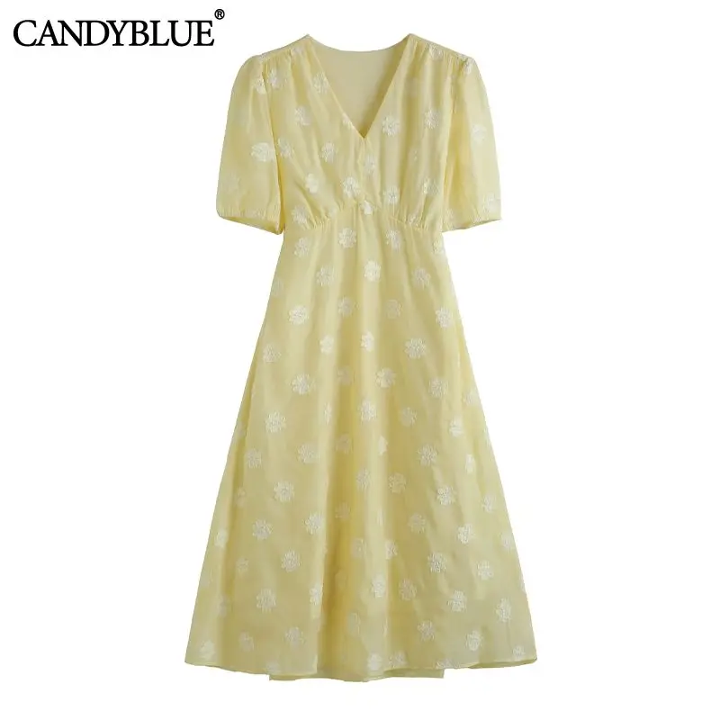 

Yellow Polka Dot Tie Flowers V-Neck Chiffon A-Line Casual Women's Dress Puff Sleeve Elegant Mid-Calf Party Dresses For Women