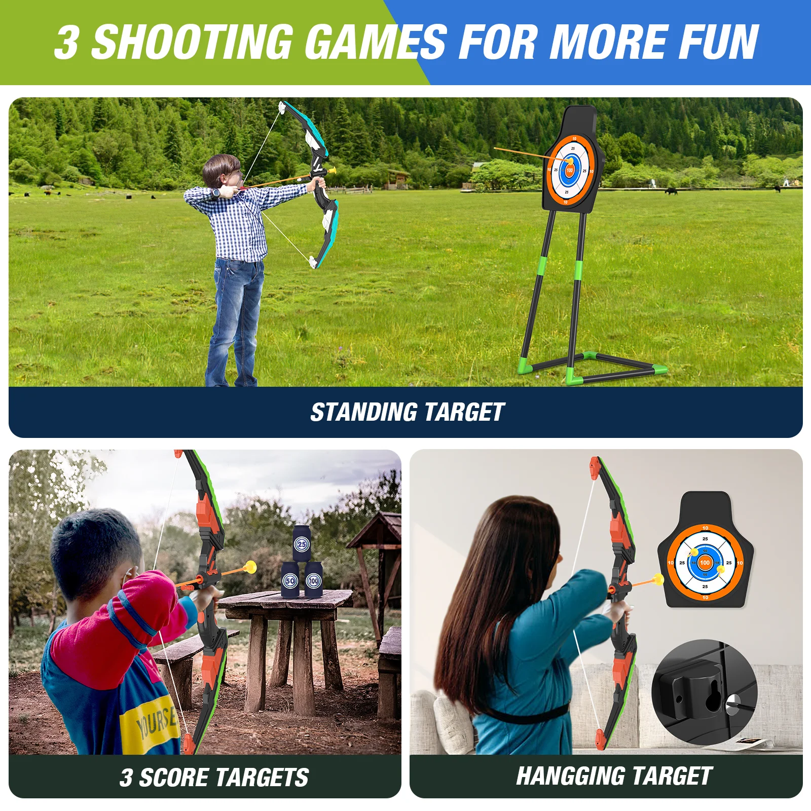 2 Pack Bow and Arrow for Kids, LED Light Up Archery Set with 24 Suction Cup Arrows Indoor Outdoor Sport Gifts for Boys Girls 5