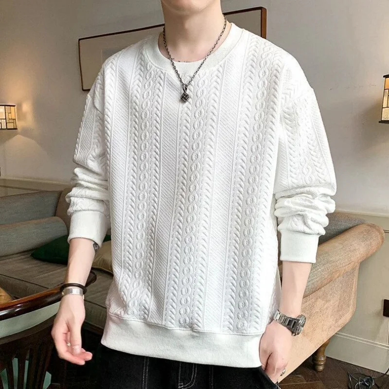 

Spring Autumn New Trend Loose Men Clothing Solid Color Bottoming Shirt Round Neck Casual Fashion Long Sleeve Pullovers Korean
