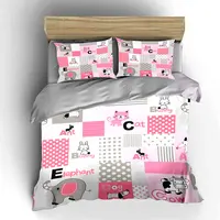 Parure de lit alphabet animaux mignons rose et gris, housse de couette imprimée dessin animé avec taies d'oreiller, linge de lit doux pour chambre de fillette 5